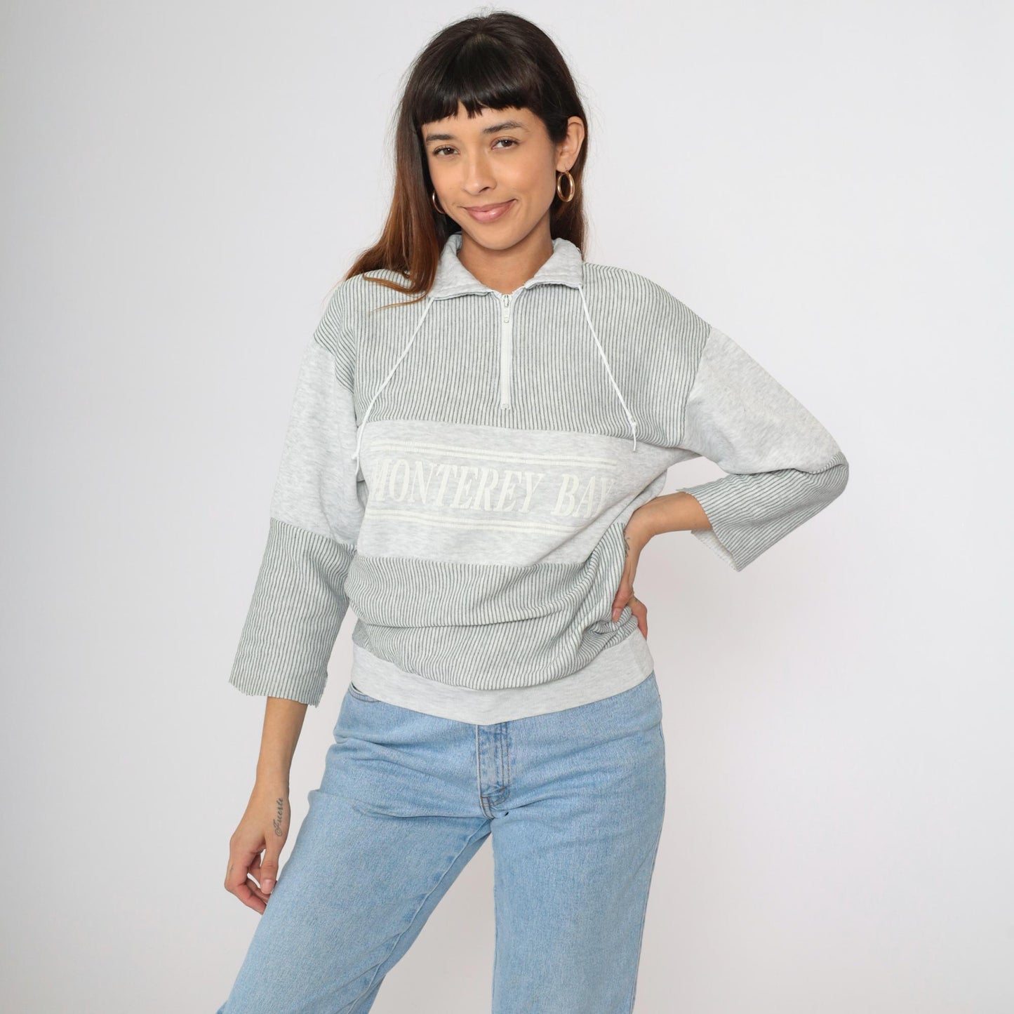 90s Monterey Bay Sweatshirt Grey Striped Quarter Zip Pullover Medium