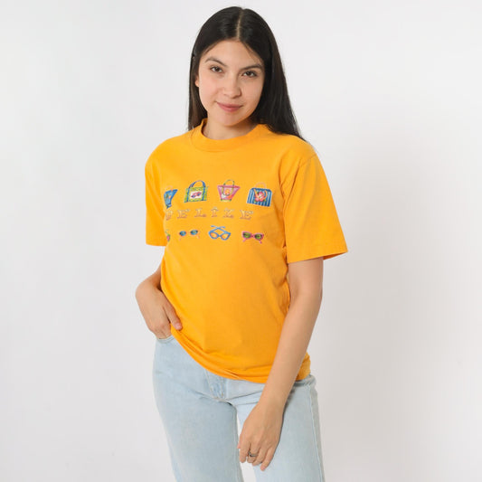 90s Belize Sunglasses Graphic T-Shirt Yellow Cotton Crewneck Extra Small