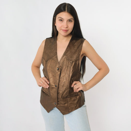 90s Metallic Copper Faux Leather Snap Vest Sleeveless Small S