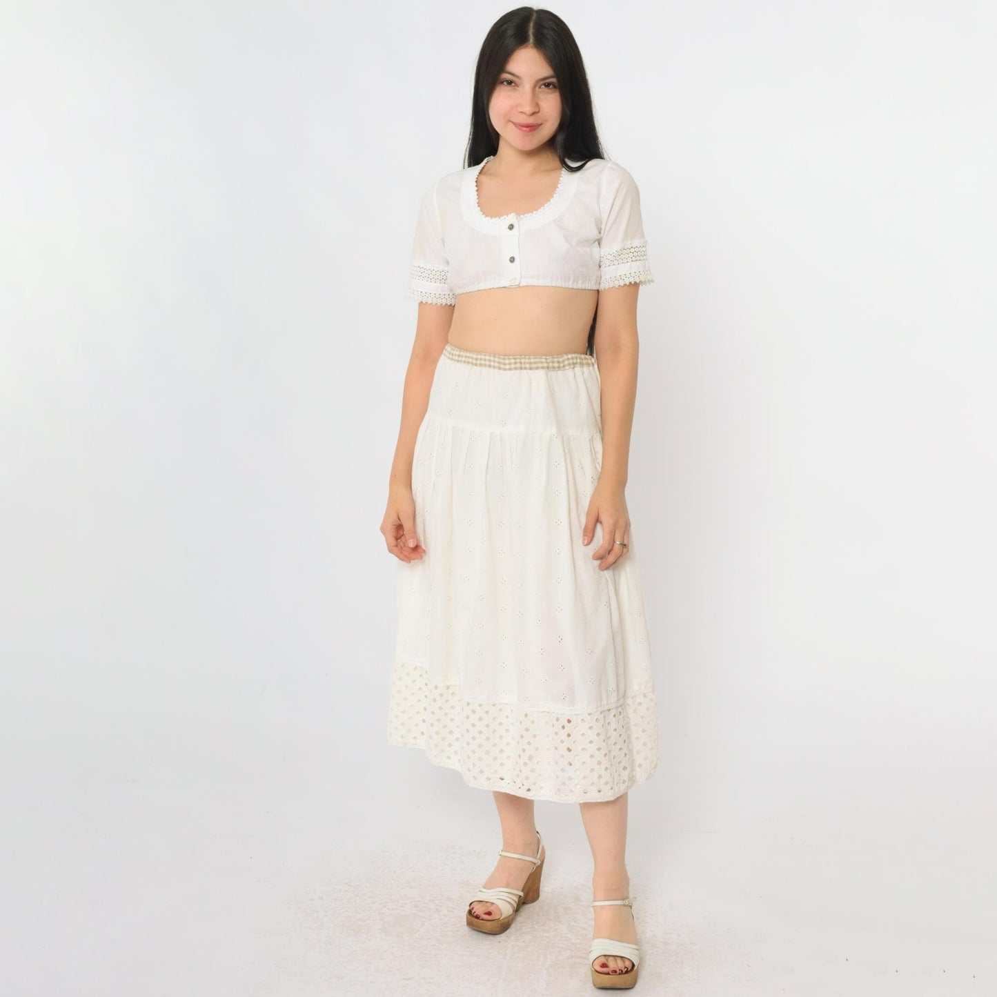 00s White Eyelet Peasant Midi Skirt Embroidered A-Line Tiered Small