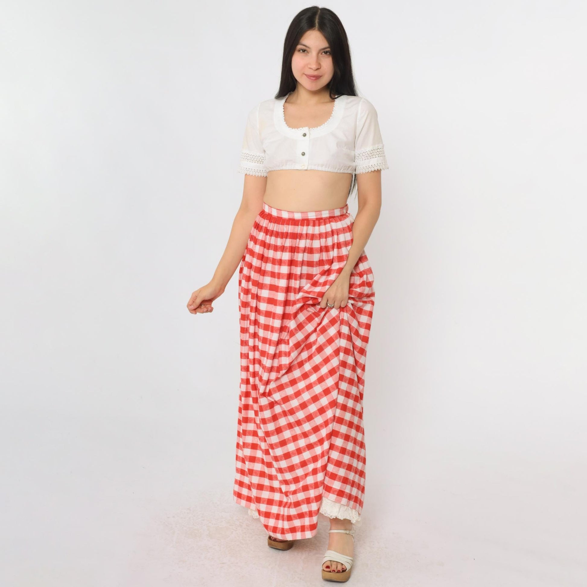 70s Red Gingham Maxi Skirt High Waist Lace Trim White Checkered Medium