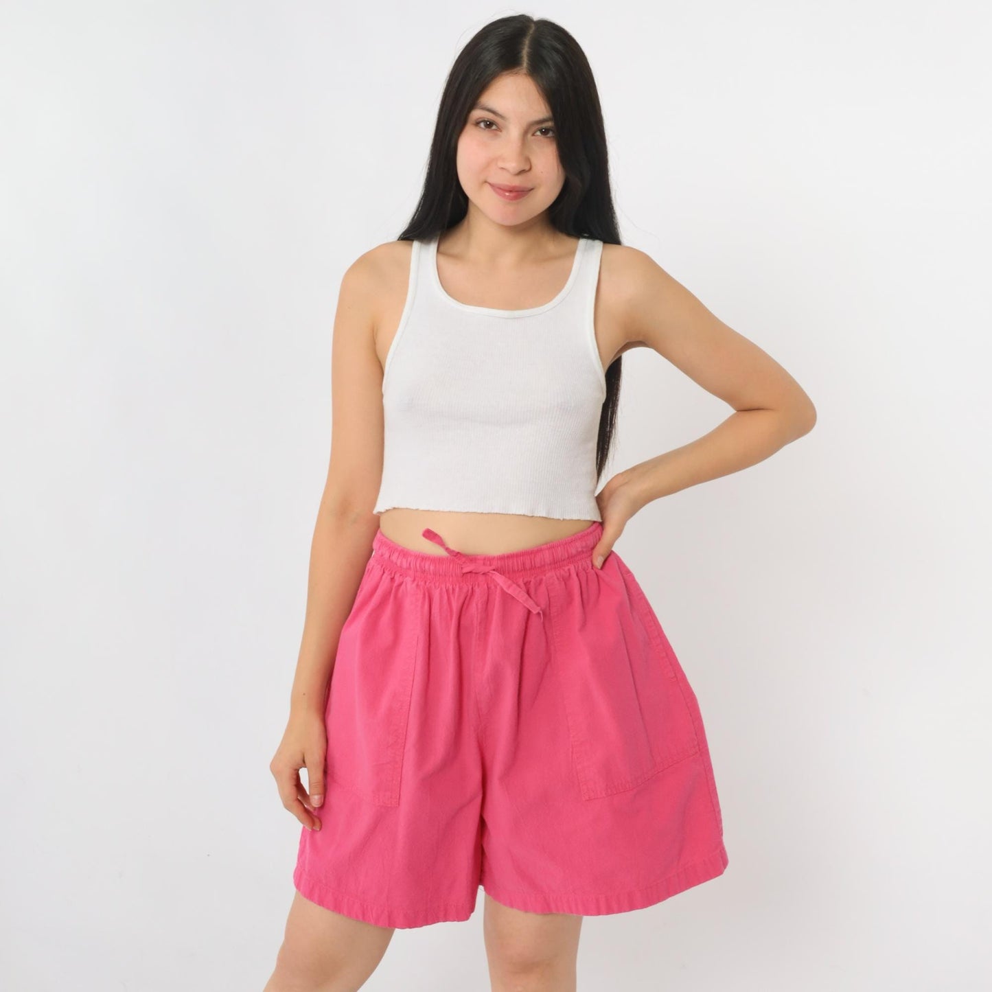 90s Bright Pink Elastic Waist Shorts Cotton High Rise Medium Large