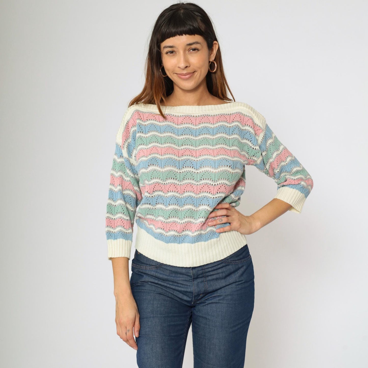 80s Bellocco Pastel Striped Pointelle Sweater Boatneck Knit Medium