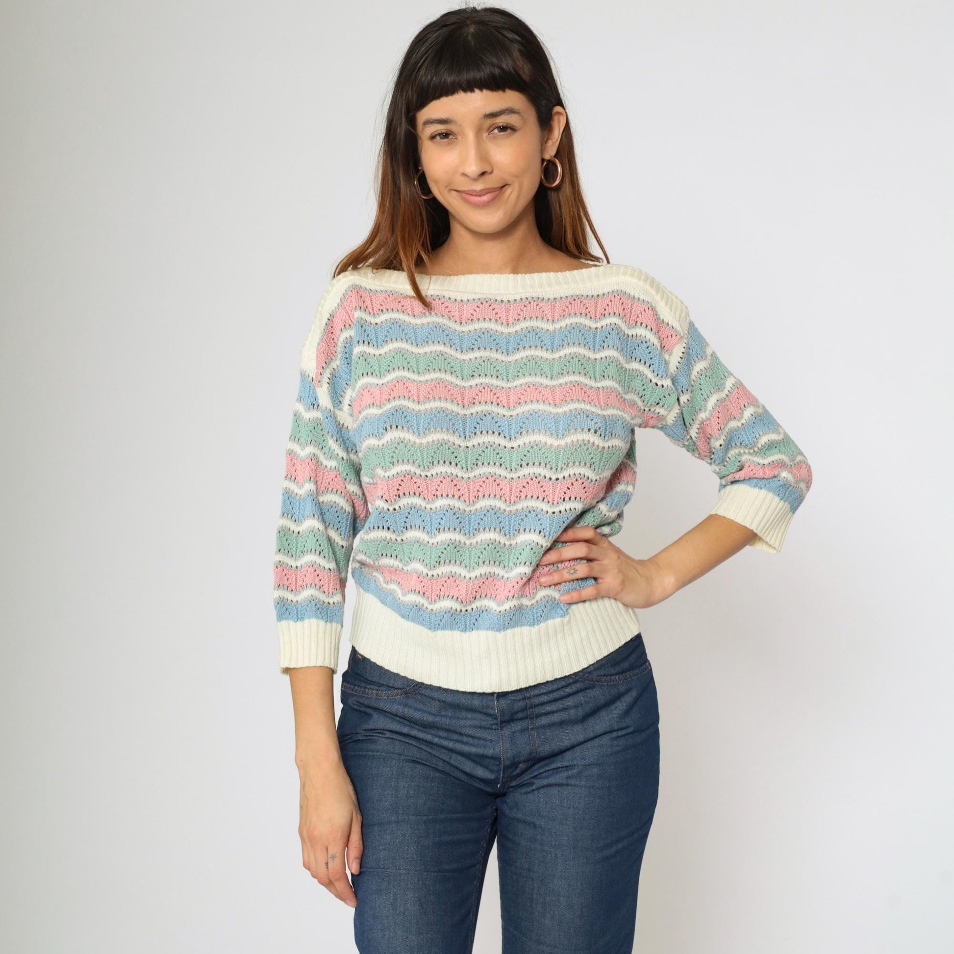 80s Bellocco Pastel Striped Pointelle Sweater Boatneck Knit Medium