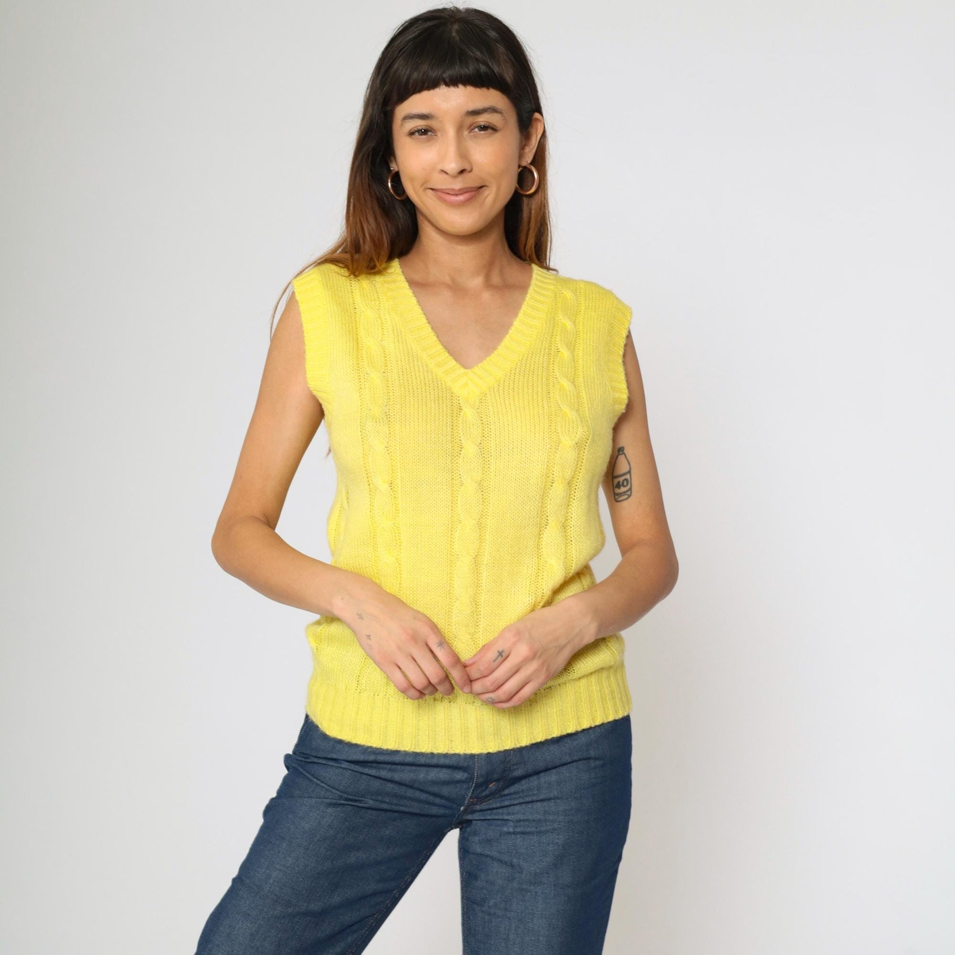 80s Yellow Cable Knit Sweater Vest V Neck Sleeveless Pullover Extra Small