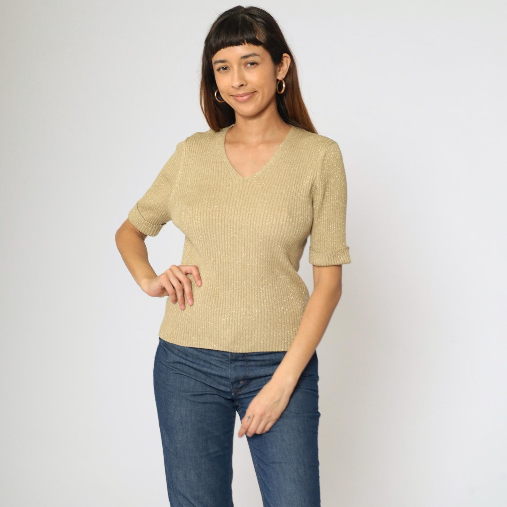90s Kathie Lee Gold Sparkly Knit Top Short Sleeve V Neck Medium