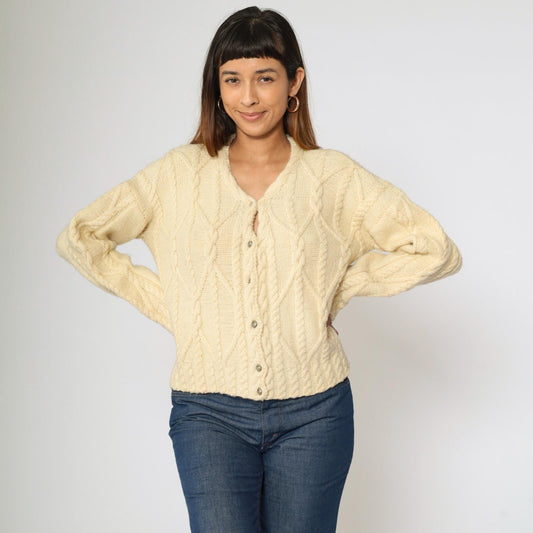 80s Gusto Wool Cable Knit Cardigan Cream Button-Up V-Neck Small