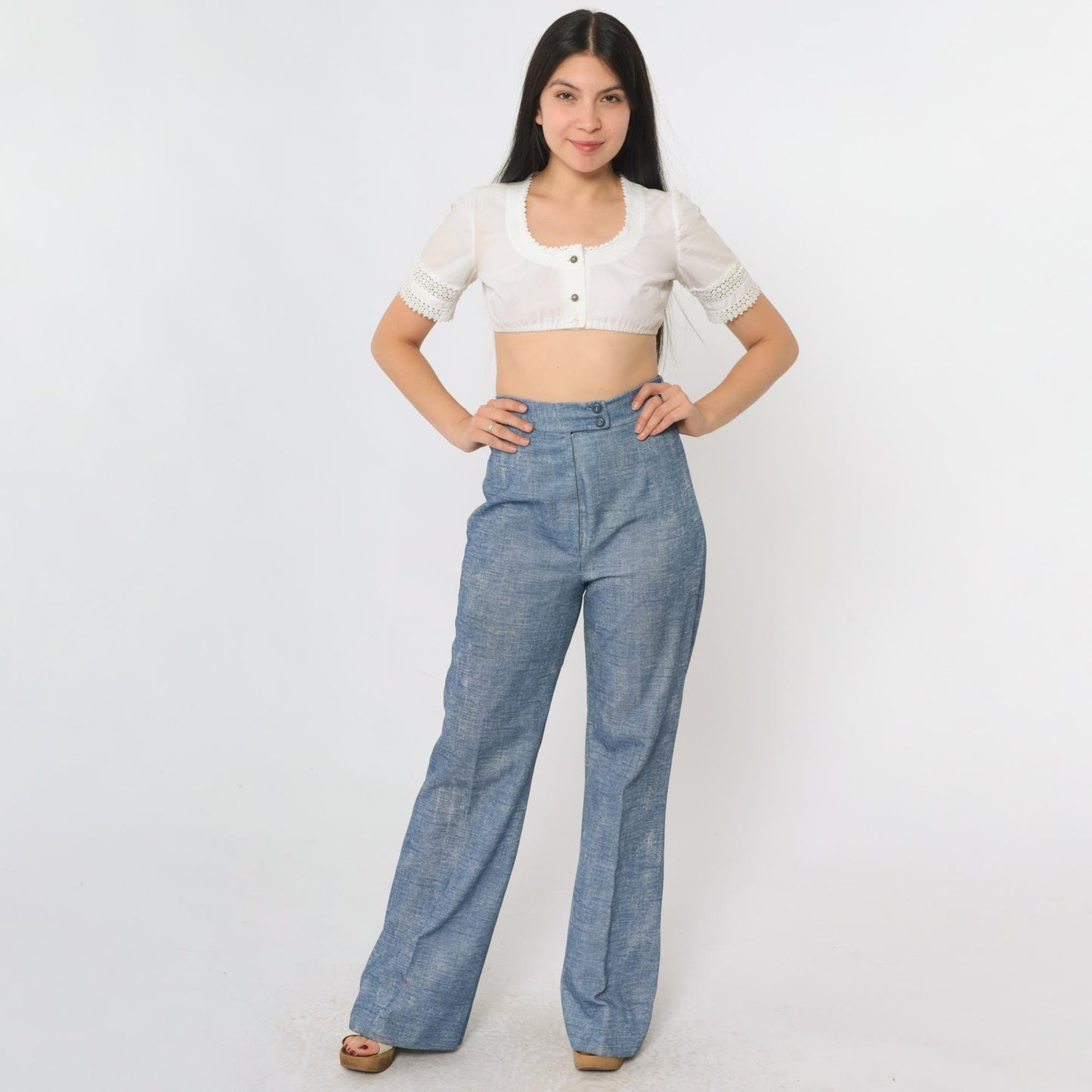 70s Blue Faux Denim Bell Bottom Trousers High Rise Elastic Waist Small
