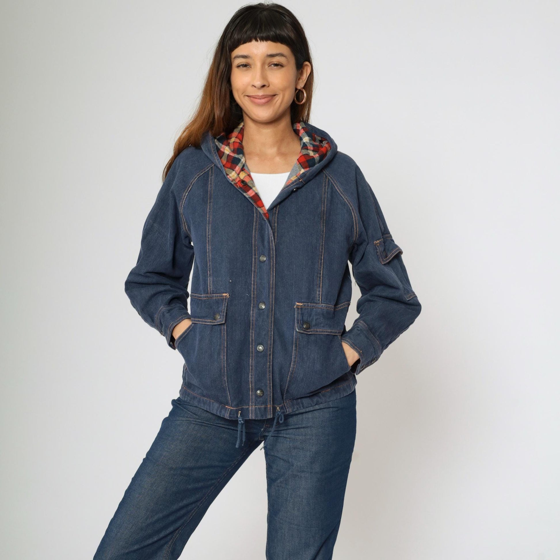 80s Dark Blue Denim Jacket Hooded Plaid Trim Cotton Medium