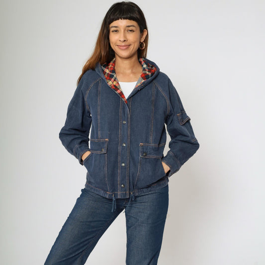 80s Dark Blue Denim Jacket Hooded Plaid Trim Cotton Medium