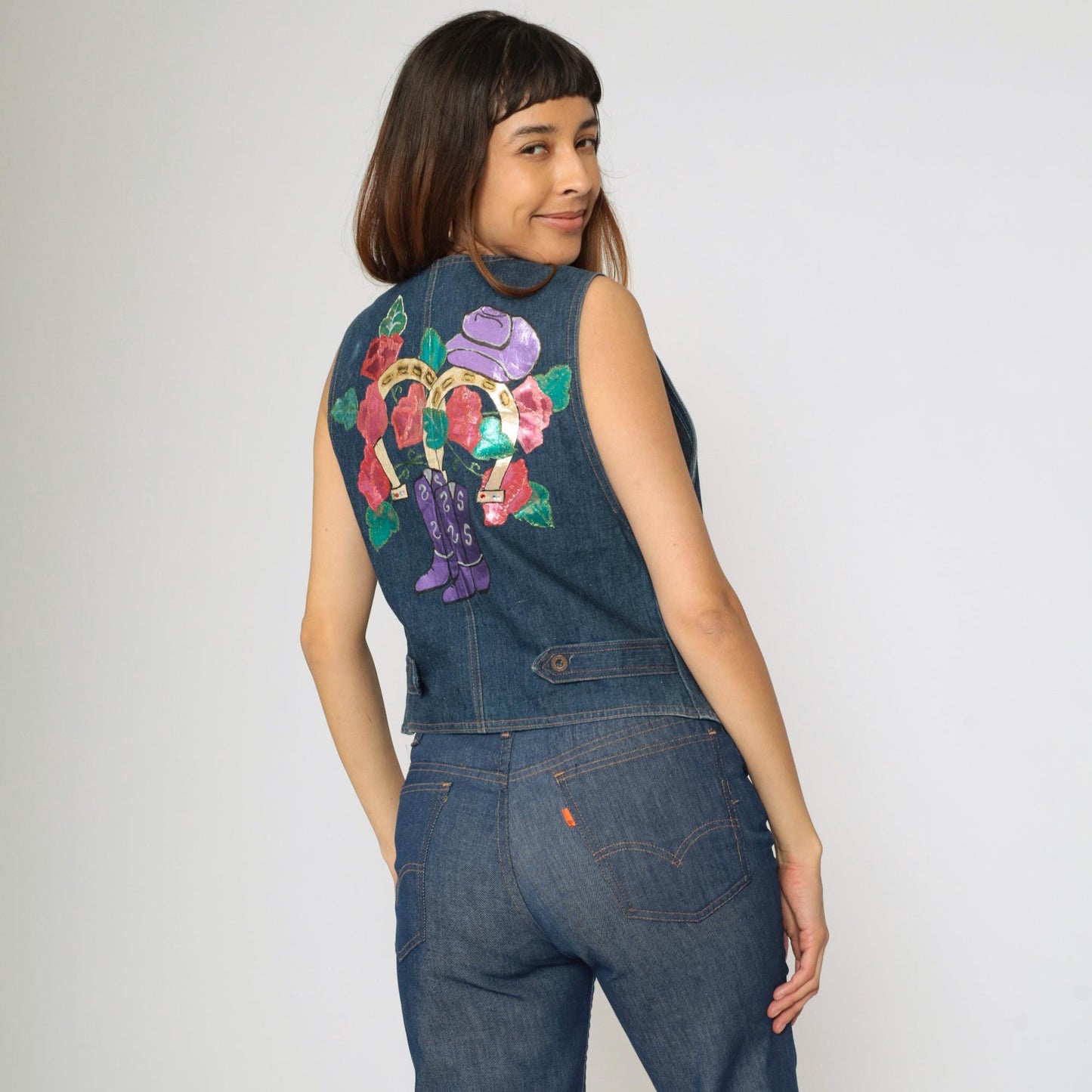 90s Koret City Blues Denim Vest Hand Painted Western Cowgirl Boots Horseshoe Small S