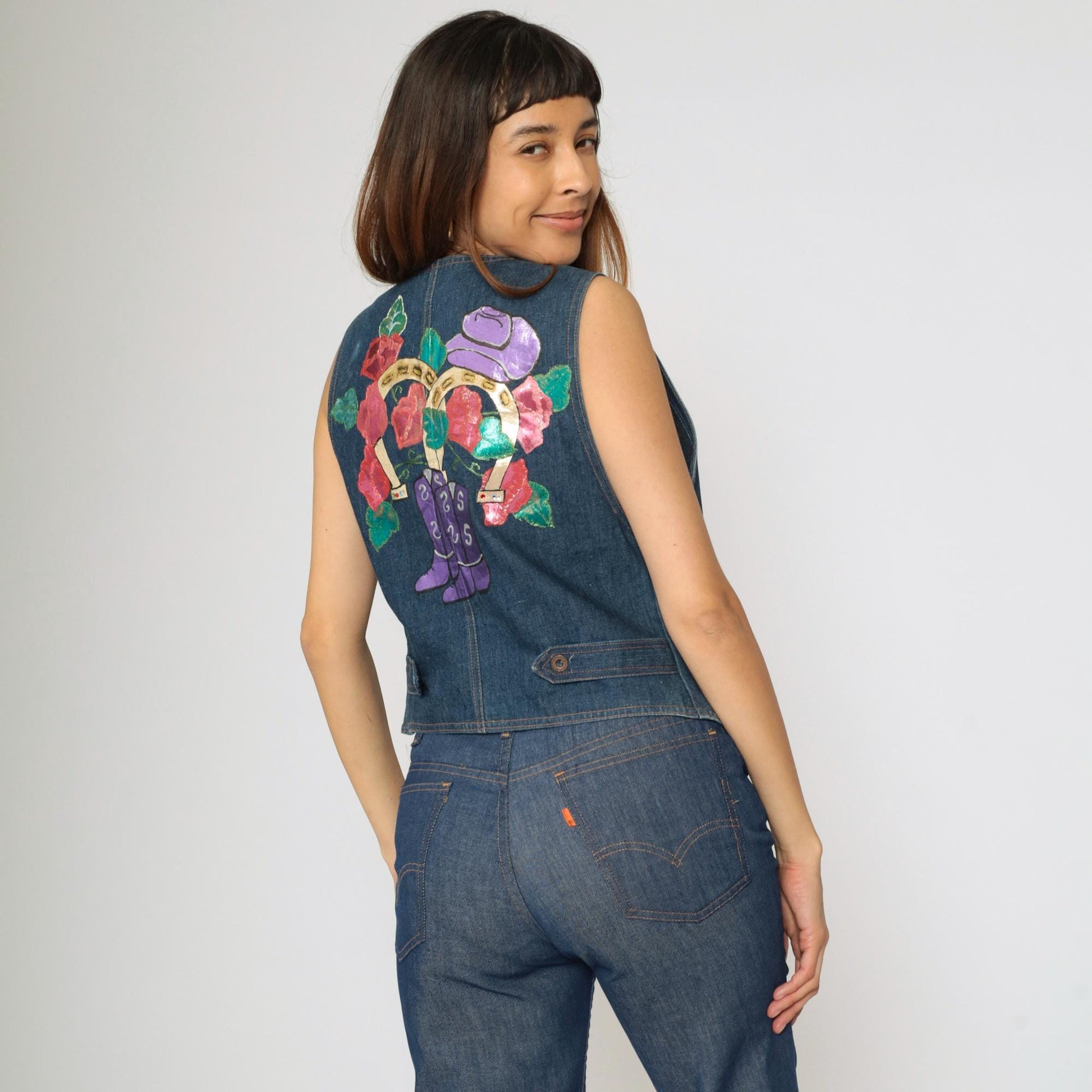 90s Koret City Blues Denim Vest Hand Painted Western Cowgirl Boots Horseshoe Small S