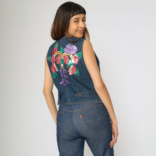 90s Koret City Blues Denim Vest Hand Painted Western Cowgirl Boots Horseshoe Small S