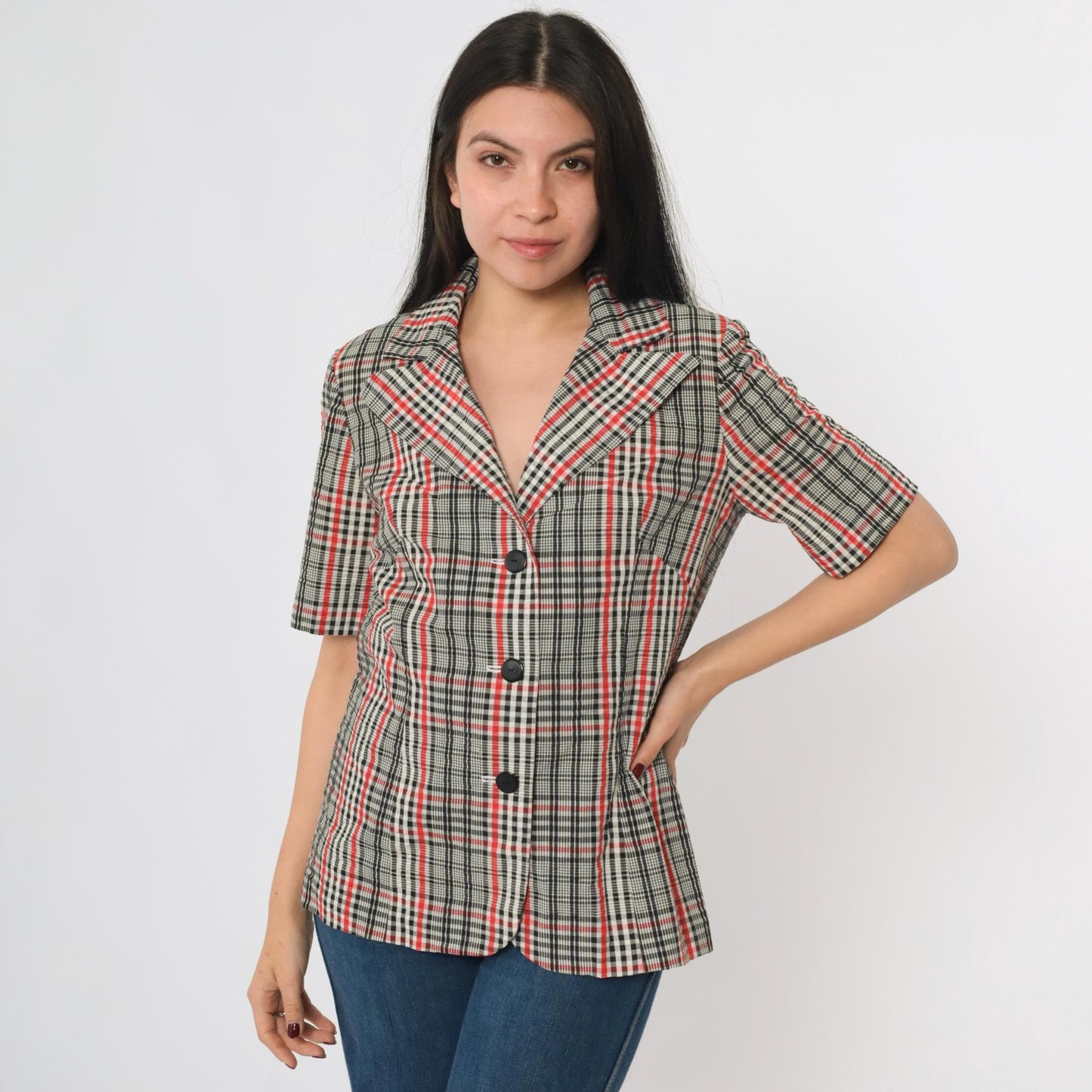 70s Black White Red Plaid Button-Up Blouse Short Sleeve Collared Shirt Medium