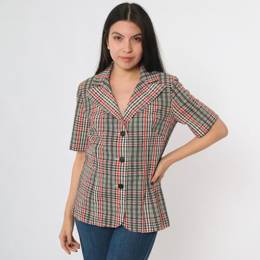 70s Black White Red Plaid Button-Up Blouse Short Sleeve Collared Shirt Medium