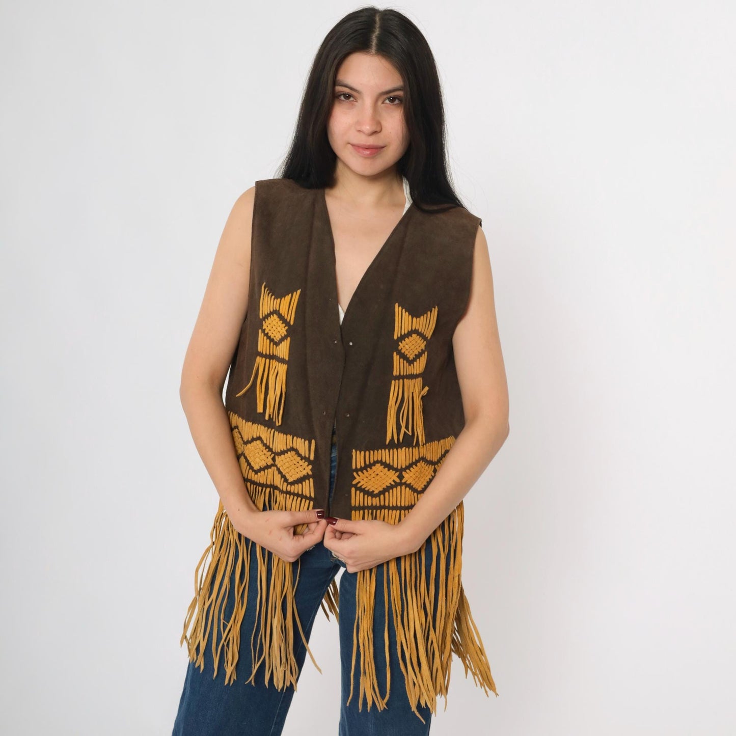 70s Brown Suede Fringe Vest Open Front Tie Sleeveless Medium M