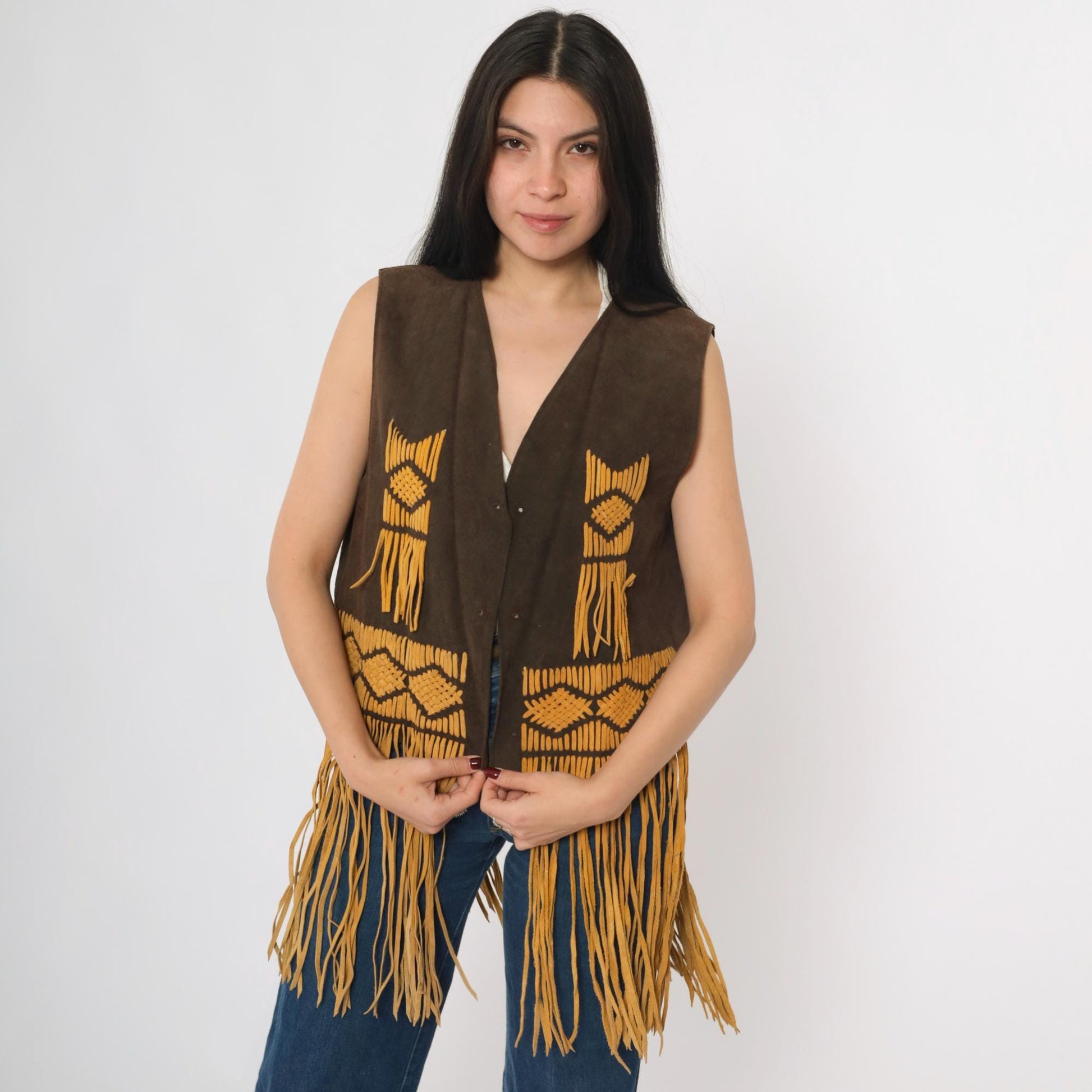 70s Brown Suede Fringe Vest Open Front Tie Sleeveless Medium M