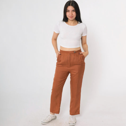 80s Burnt Orange Pleated High-Waist Trousers Straight Leg Small