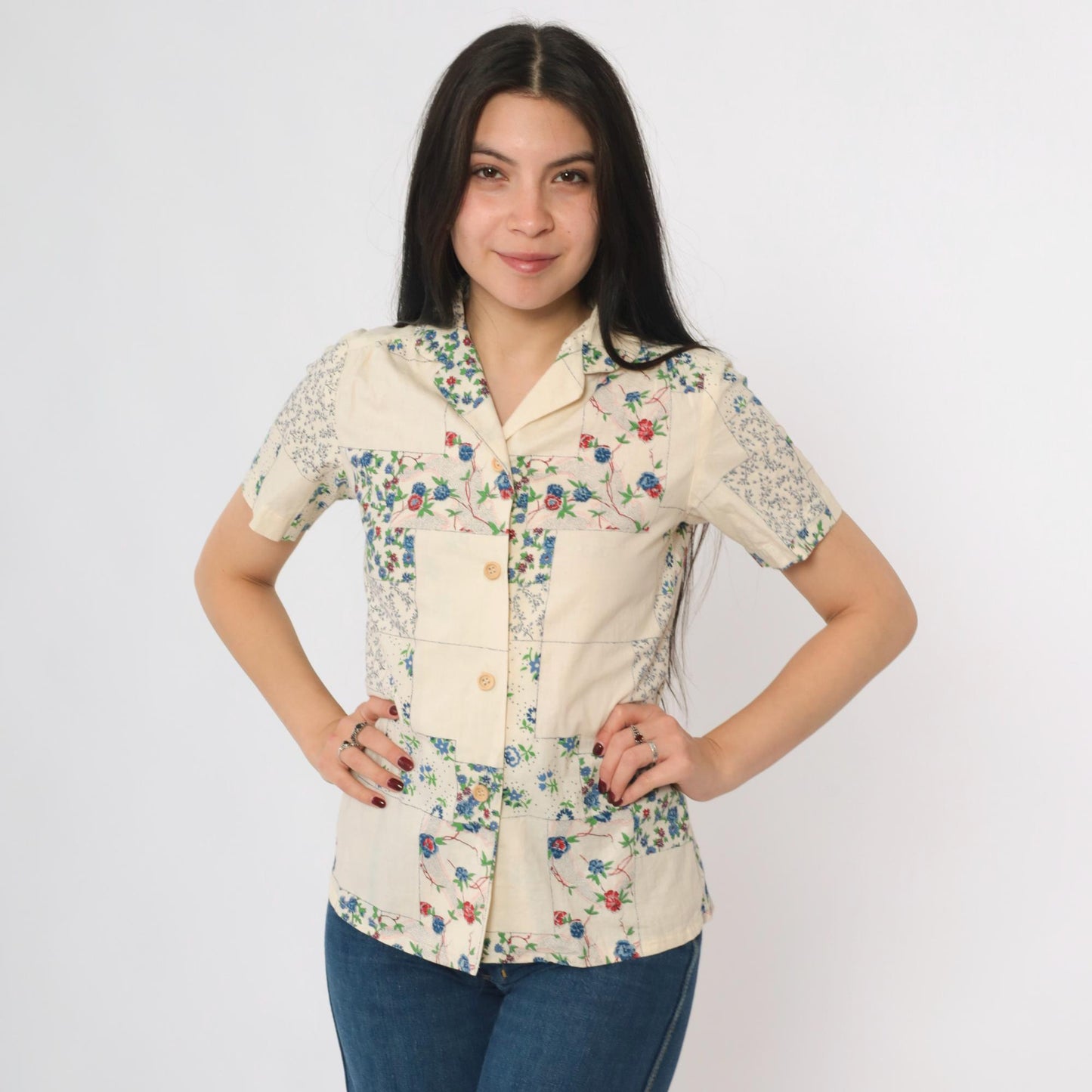 70s Patchwork Floral Cream Button Up Blouse Short Sleeve Collared Extra Small