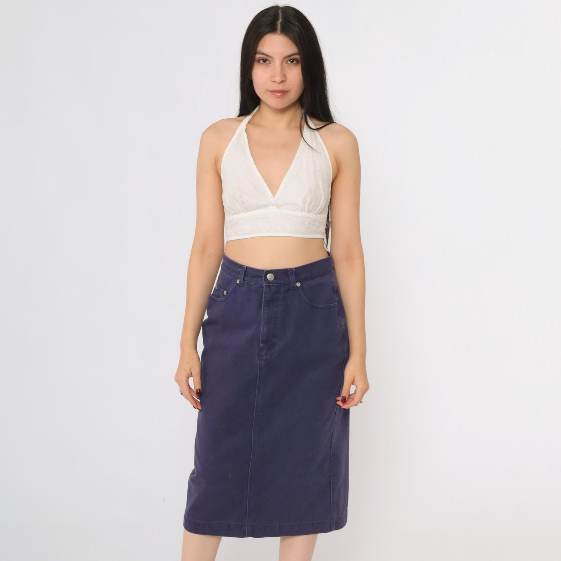 90s Purple Denim Midi Skirt High Waist Pencil Cut Rear Slit Small