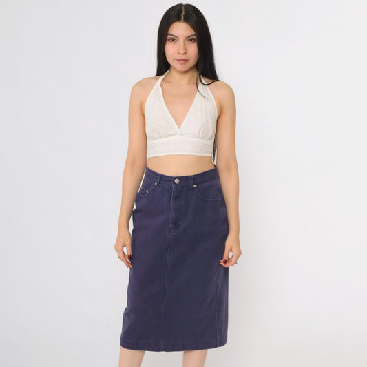 90s Purple Denim Midi Skirt High Waist Pencil Cut Rear Slit Small