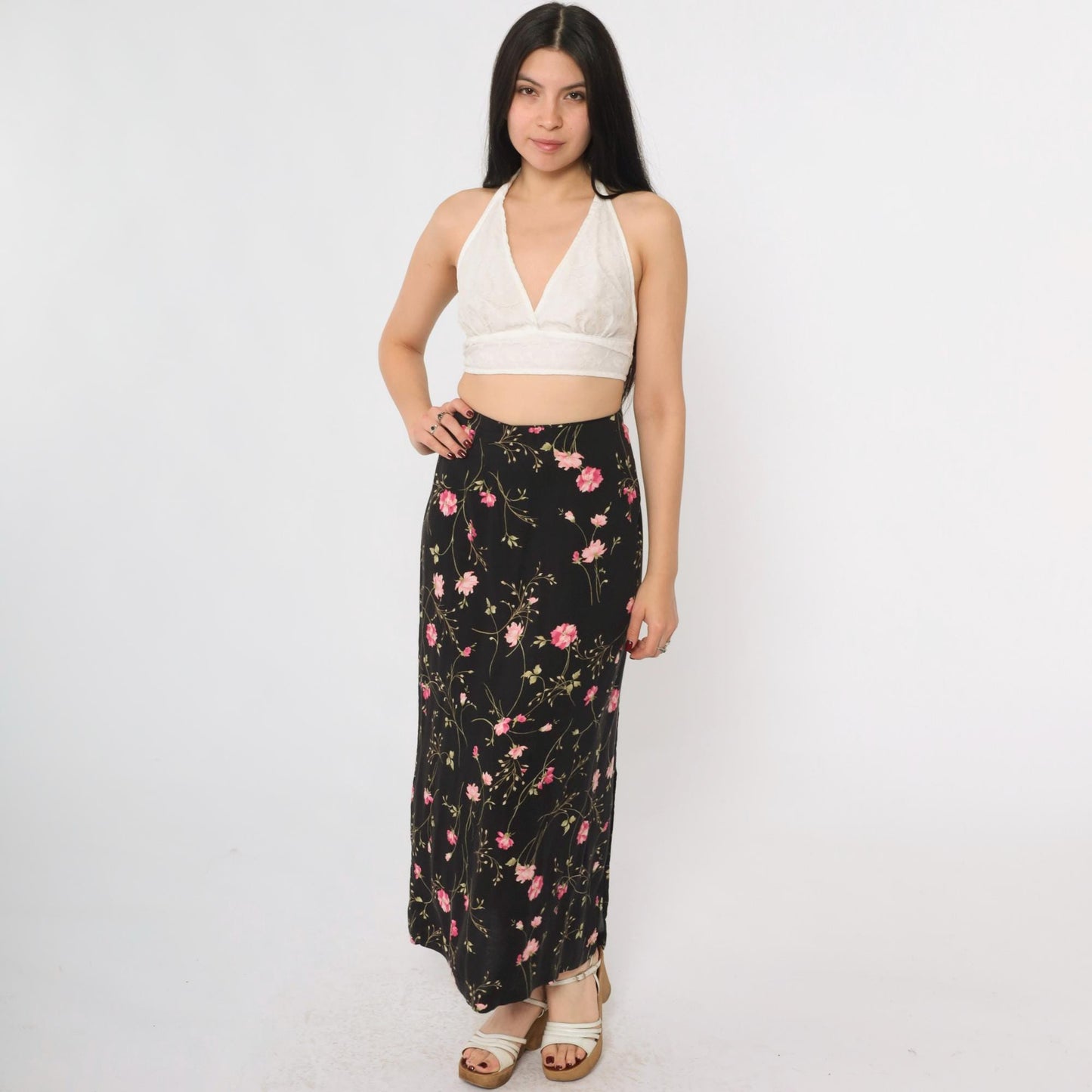 90s Black Floral Rayon Skirt High Waist Ankle Length Extra Large XL