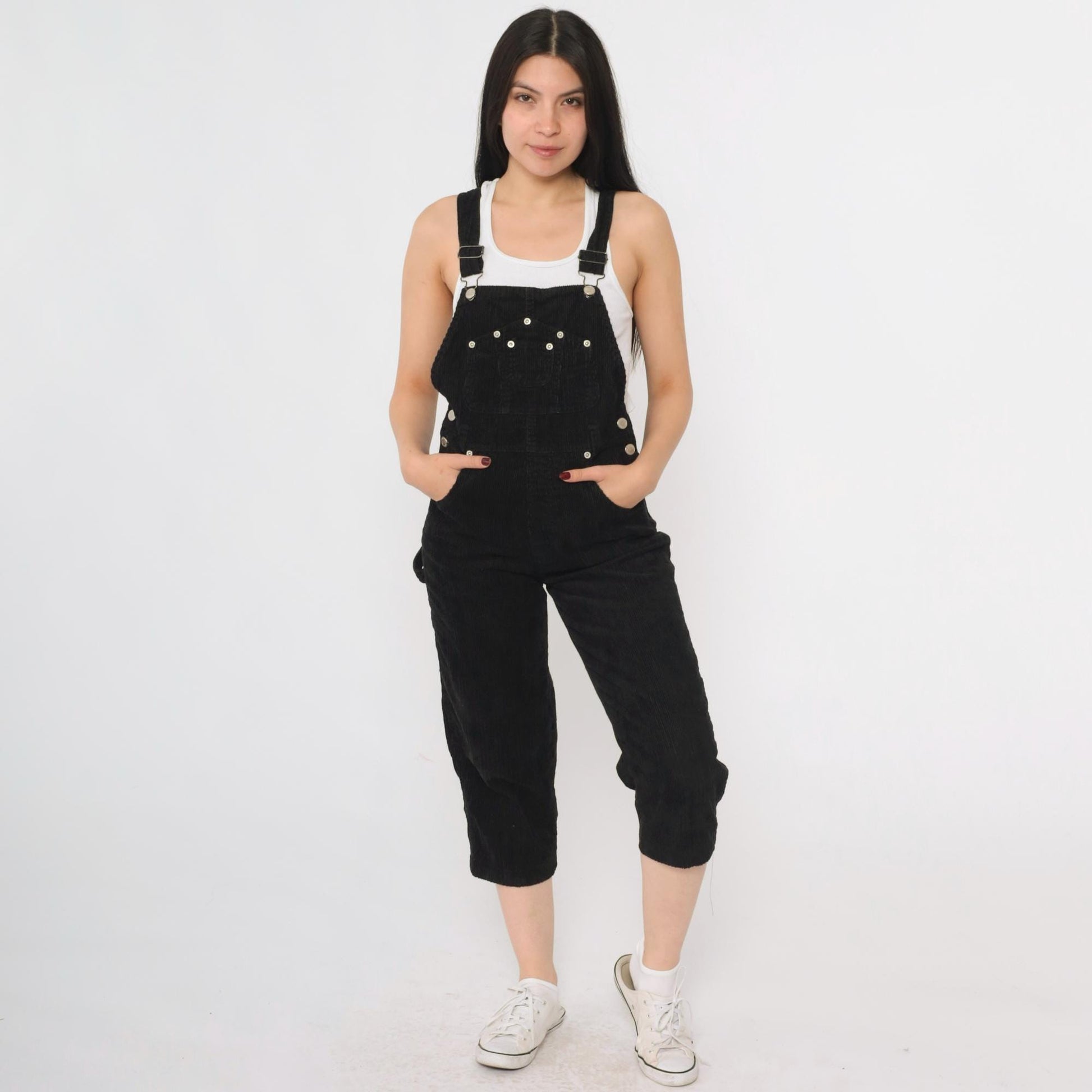 90s Arizona Jean Company Black Corduroy Overalls Cropped Straight Leg Extra Small