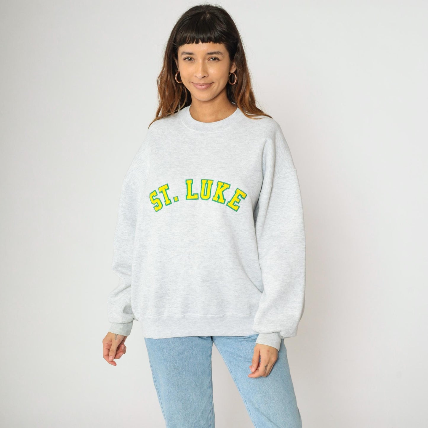 90s Jerzees St Luke Crewneck Sweatshirt Grey Stitched Letters Extra Large XL