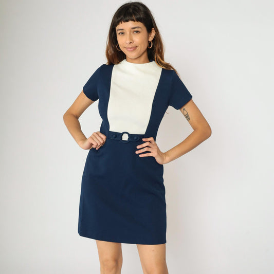 60s Mod Colorblock Mini Dress Navy White Bib Mock Neck Small