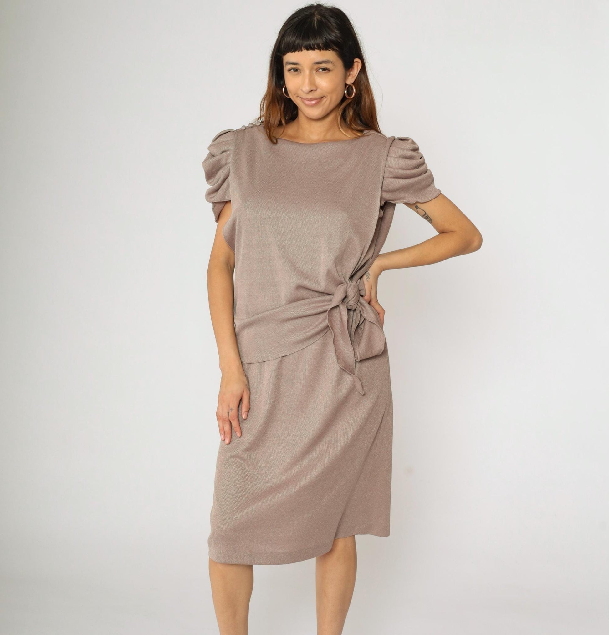 80s Taupe Puff Sleeve Midi Dress Metallic Knit Side Tie Waist Medium