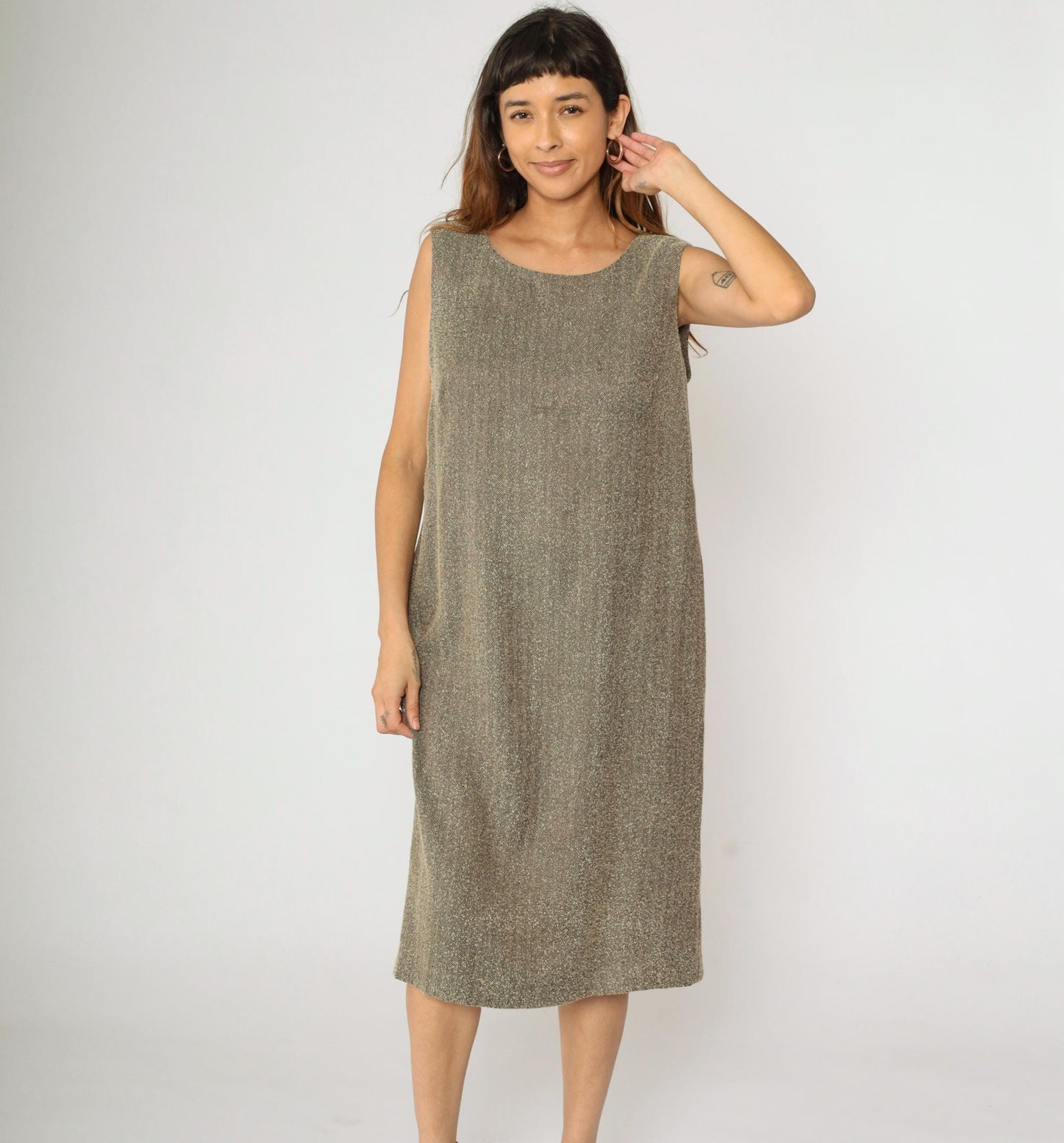 Y2K Leslie Fay Brown Herringbone Midi Dress Sleeveless Sheath Plus Size 14W