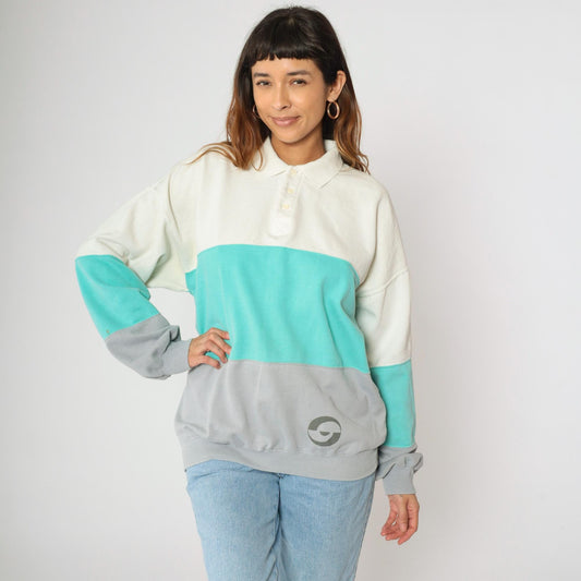 90s John Ashford Sport Colorblock Polo Sweatshirt Off-White Aqua Grey Large L