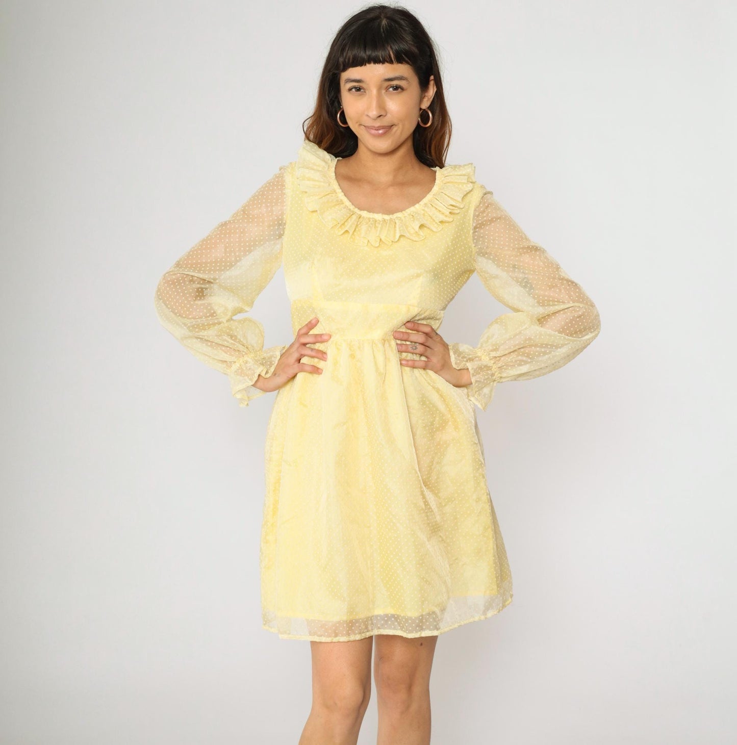 70s Yellow Swiss Dot Organza Mini Dress Empire Waist Ruffle Neckline Small