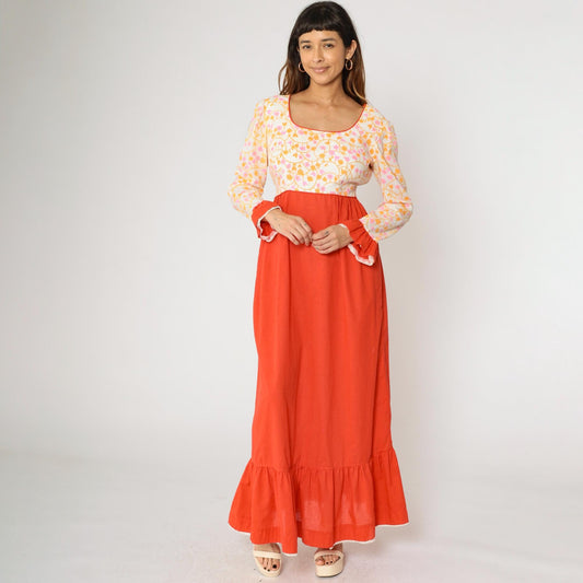 70s Floral Maxi Dress Puff Sleeve High Waist Orange White Prairie Medium