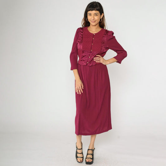 90s Miss Dorby Raspberry Floral Jacquard Midi Dress Puff Sleeve Button Up Medium