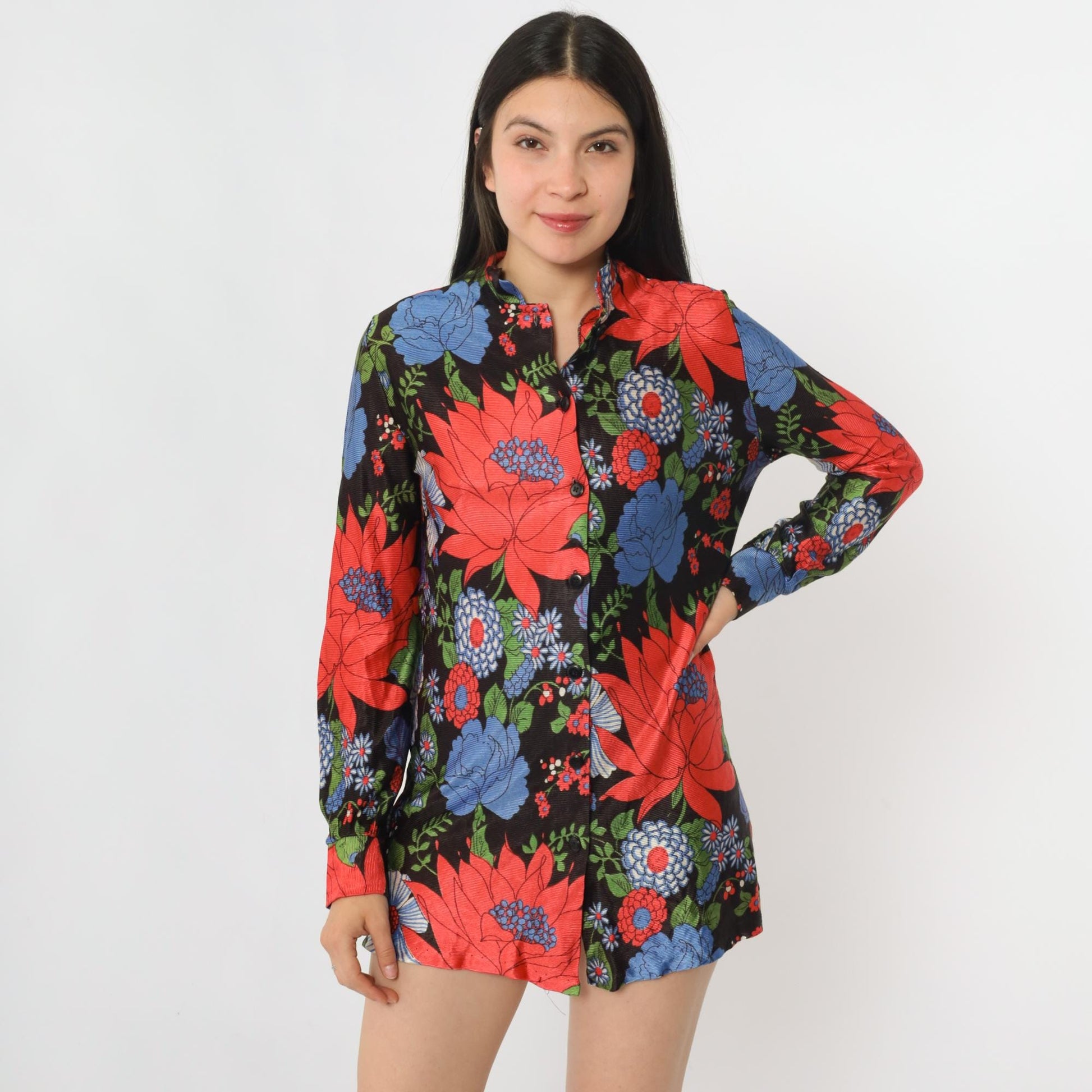 70s Dutchmaid Floral Mandarin Collar Blouse Red Blue Tunic Small