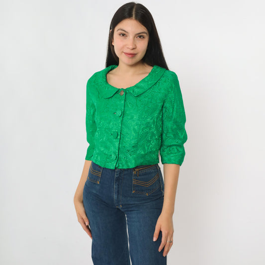 60s Green Brocade Paisley Cropped Jacket Half Sleeve Button Up Small