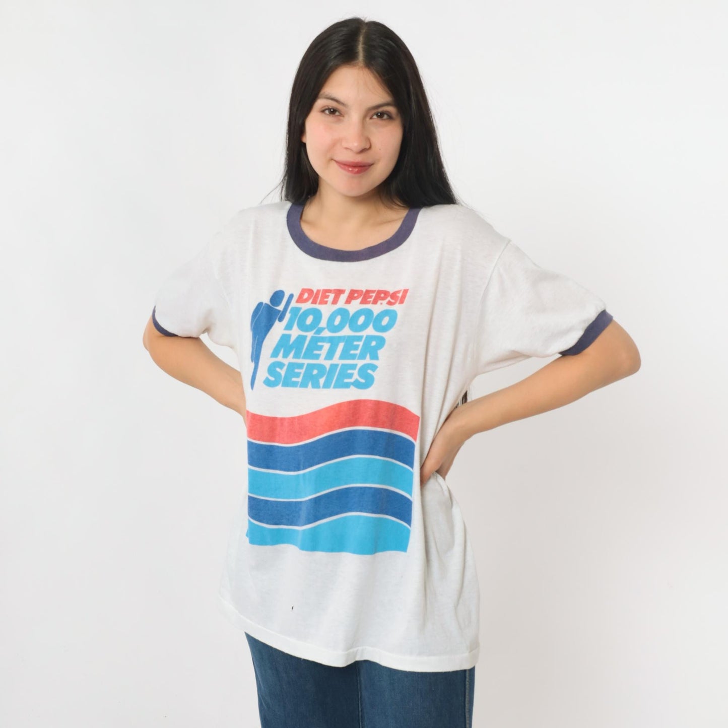 80s Diet Pepsi 10,000 Meter Series Ringer Tee Graphic Running Shirt Large L
