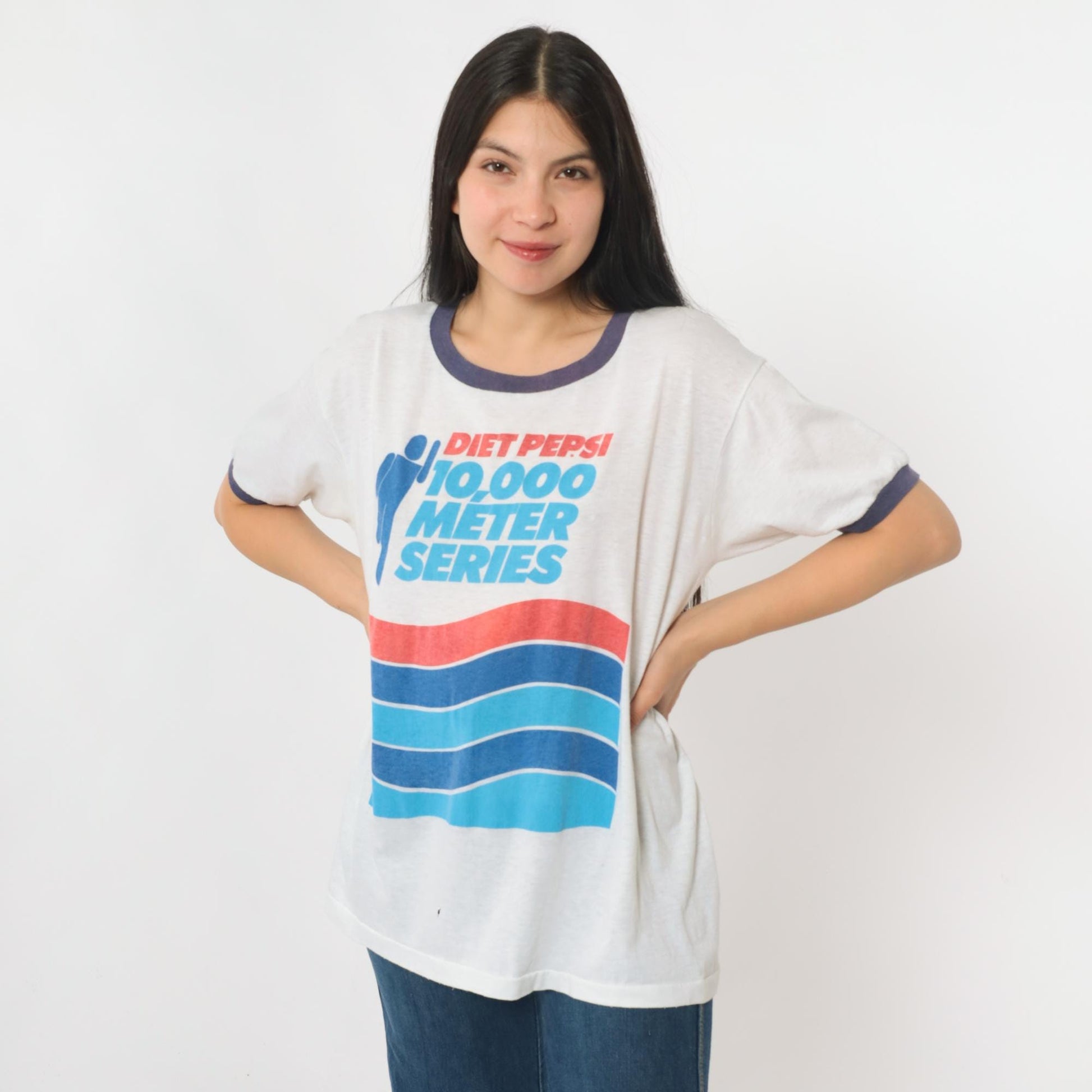 80s Diet Pepsi 10,000 Meter Series Ringer Tee Graphic Running Shirt Large L