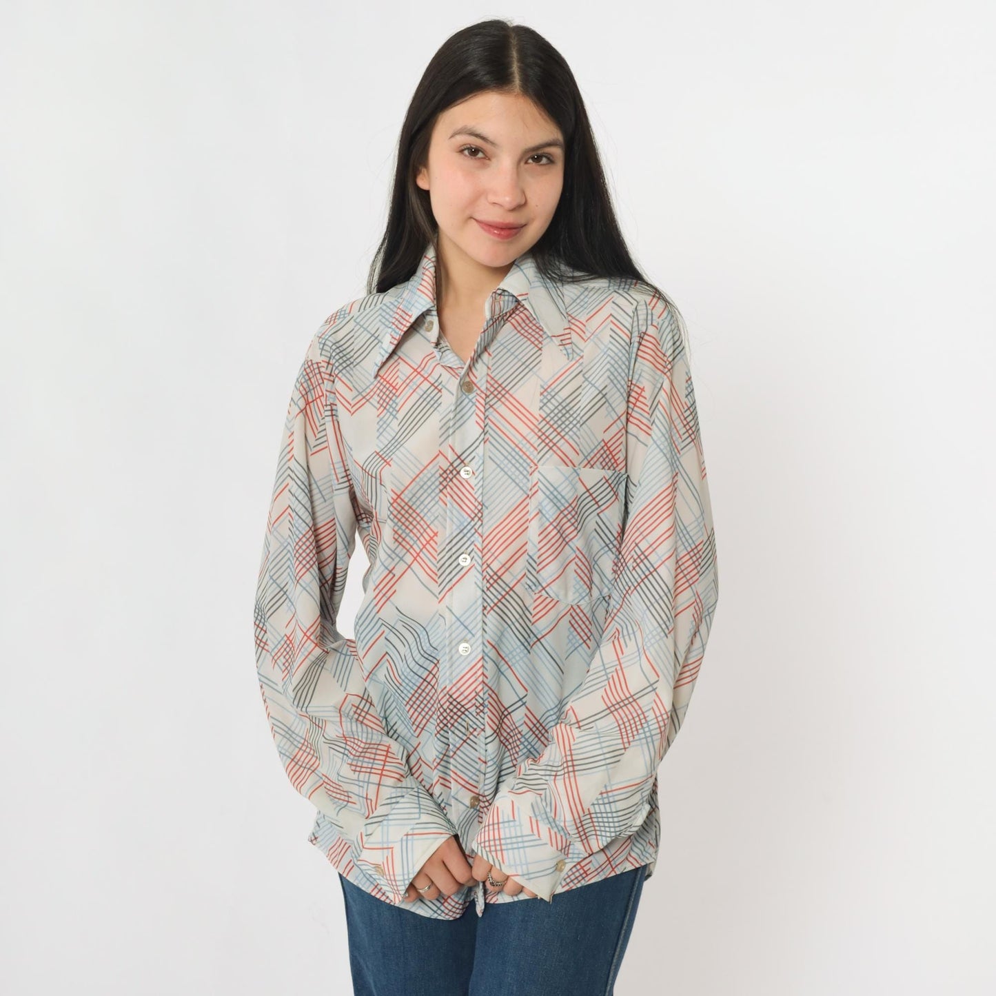 70s Sears Checkered Button-Up Shirt White Dagger Collar Long Sleeve Men's Medium M