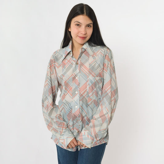 70s Sears Checkered Button-Up Shirt White Dagger Collar Long Sleeve Men's Medium M