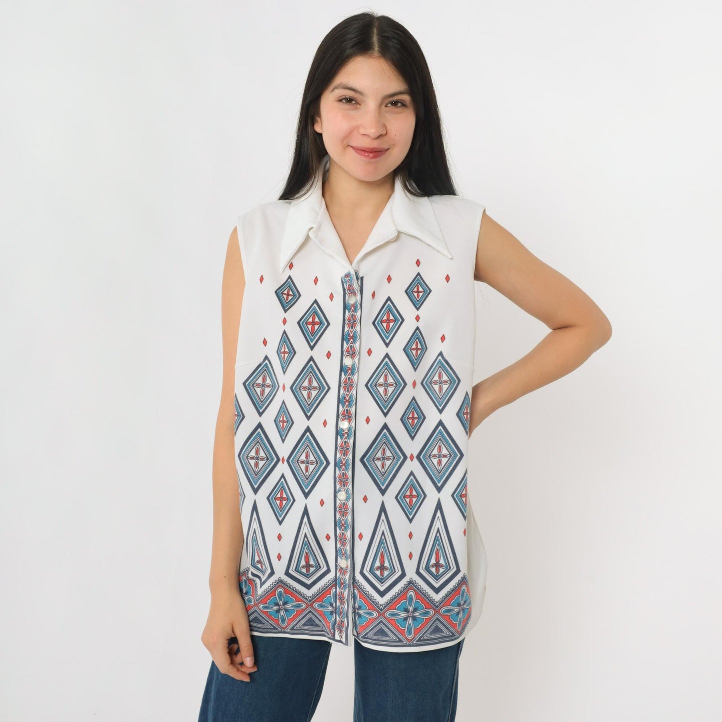 70s Geometric Diamond Print Sleeveless Blouse White Button-Up Collar Large L