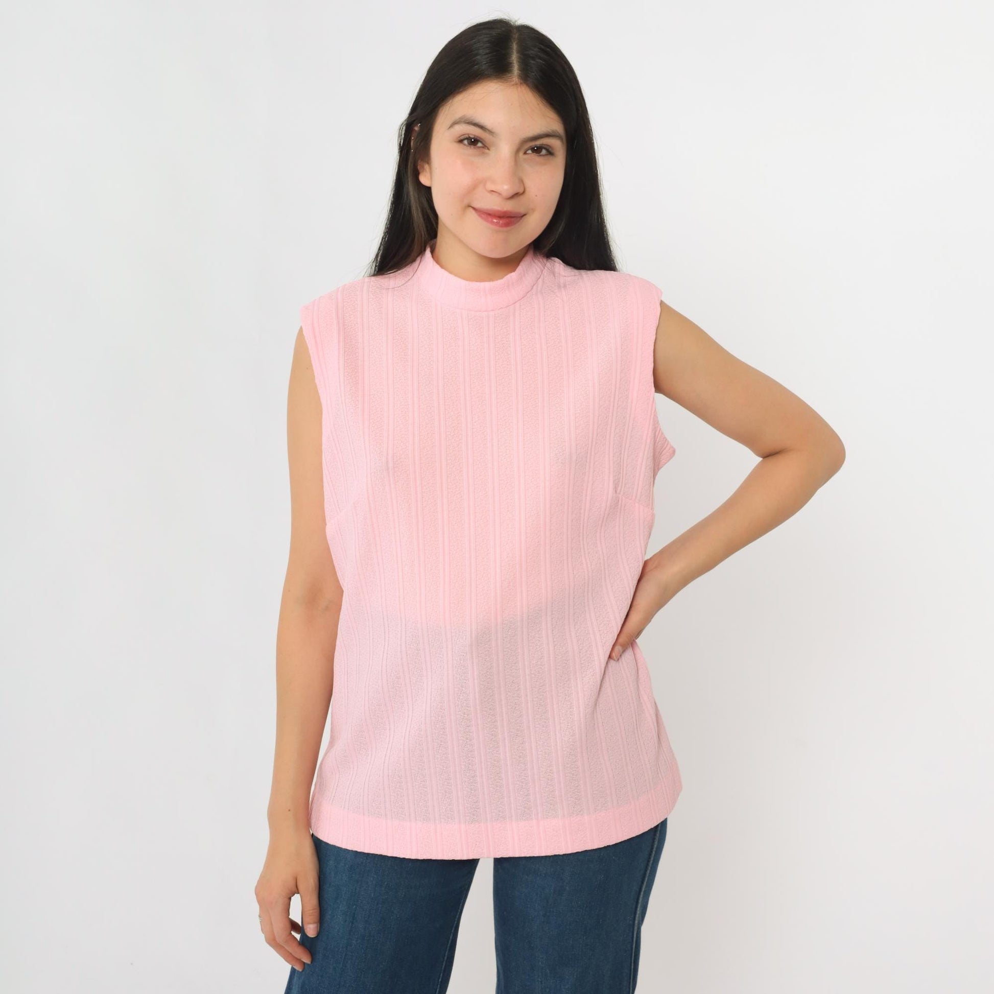 70s Pink Mock Neck Tank Top Ribbed Sleeveless Blouse Large
