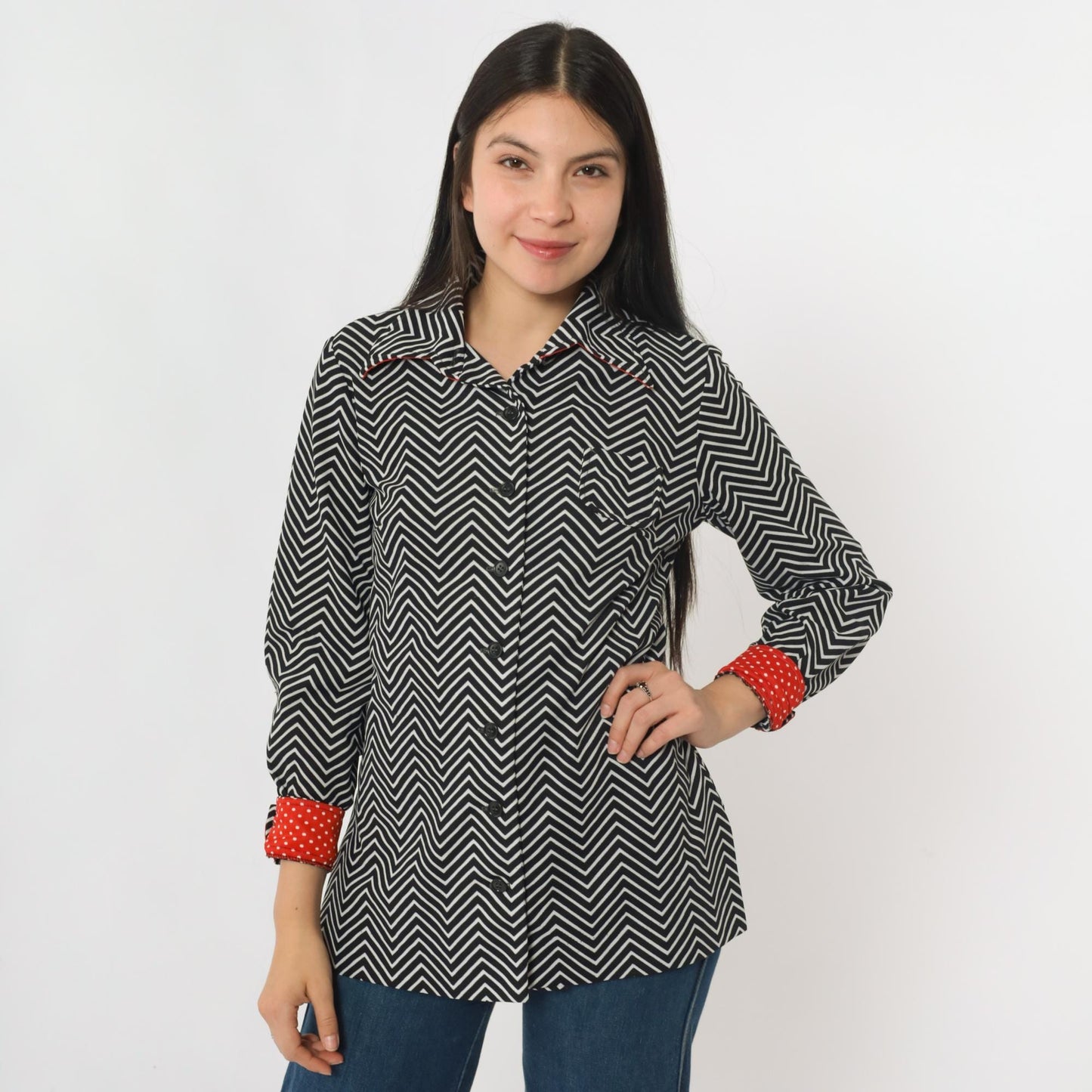70s Black White Striped Button Up Blouse Dagger Collar Long Sleeve Small Medium