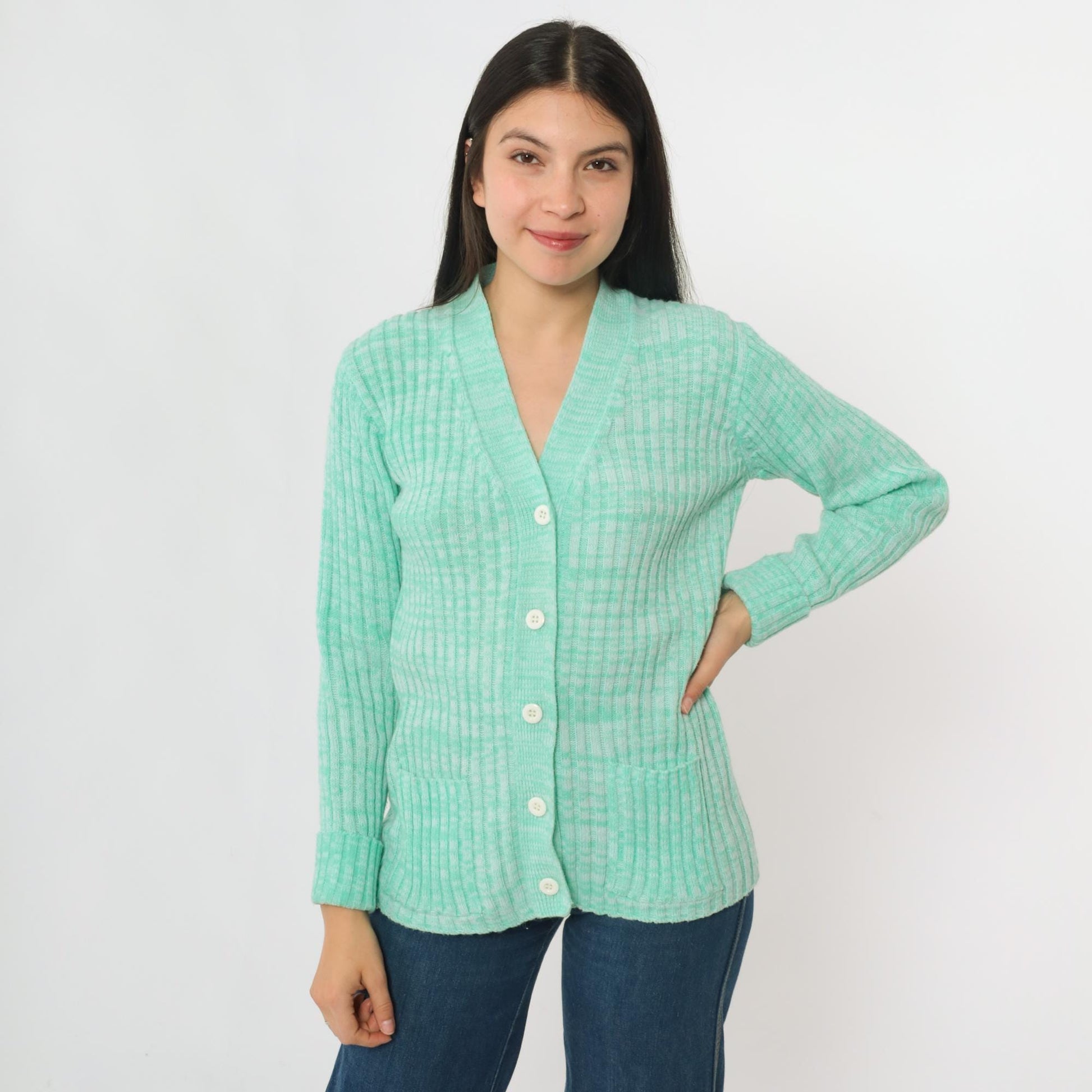 70s Space Dye Cardigan Mint Green White V-Neck Button-Up Knit Small S