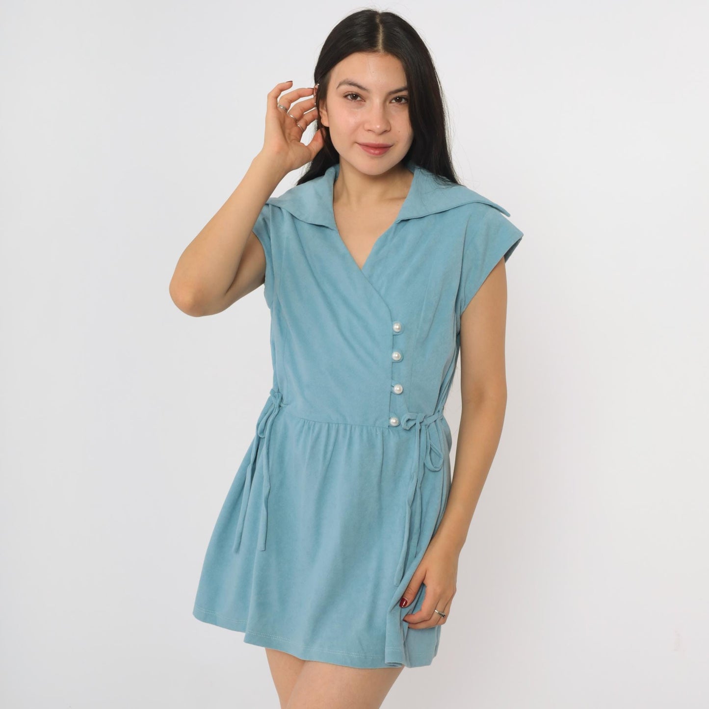 70s Blue Velour Mini Dress Asymmetrical Pearl Buttons Cap Sleeve Medium M