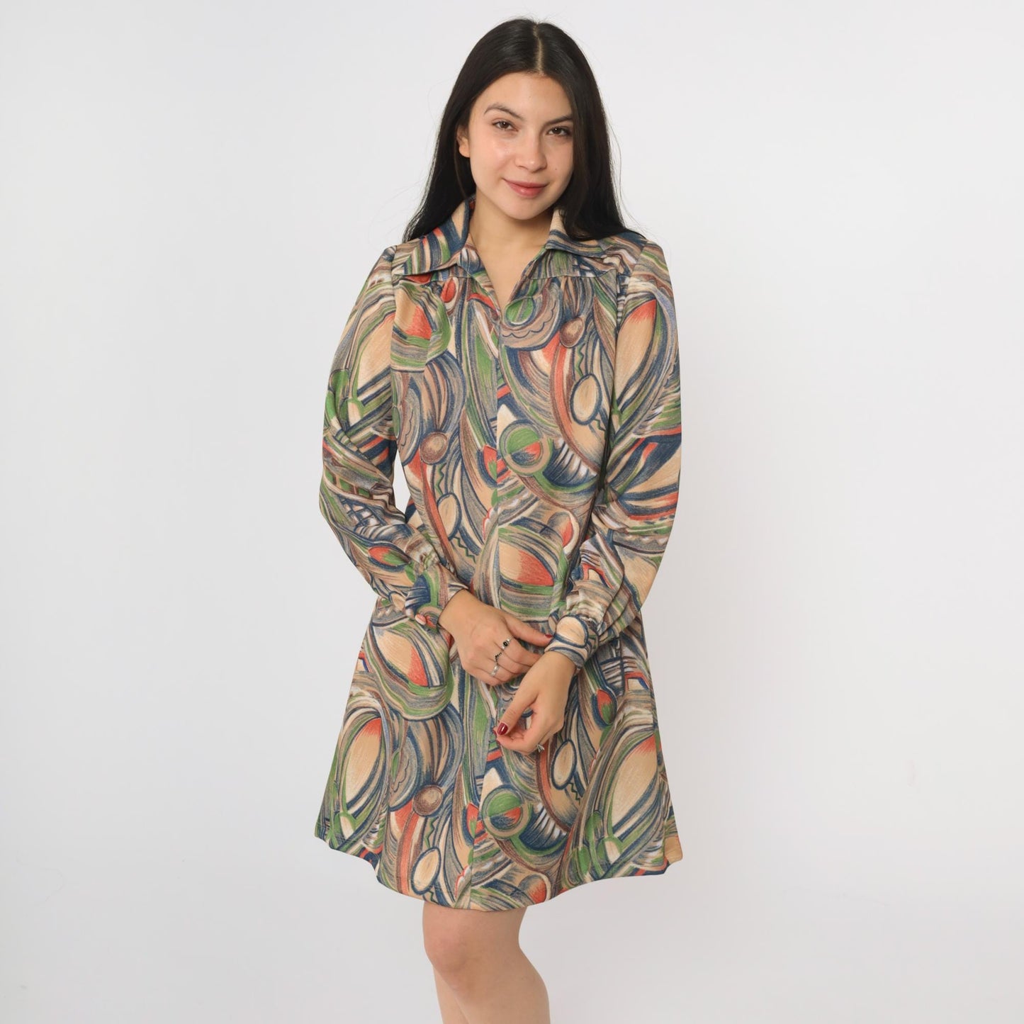 70s Geometric Abstract Print Shift Dress Long Sleeve Mini Length Medium M