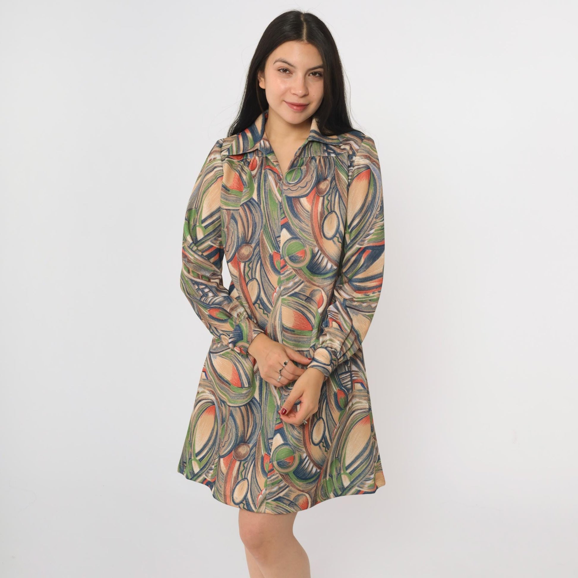 70s Geometric Abstract Print Shift Dress Long Sleeve Mini Length Medium M