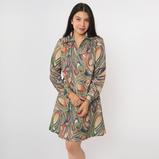 70s Geometric Abstract Print Shift Dress Long Sleeve Mini Length Medium M