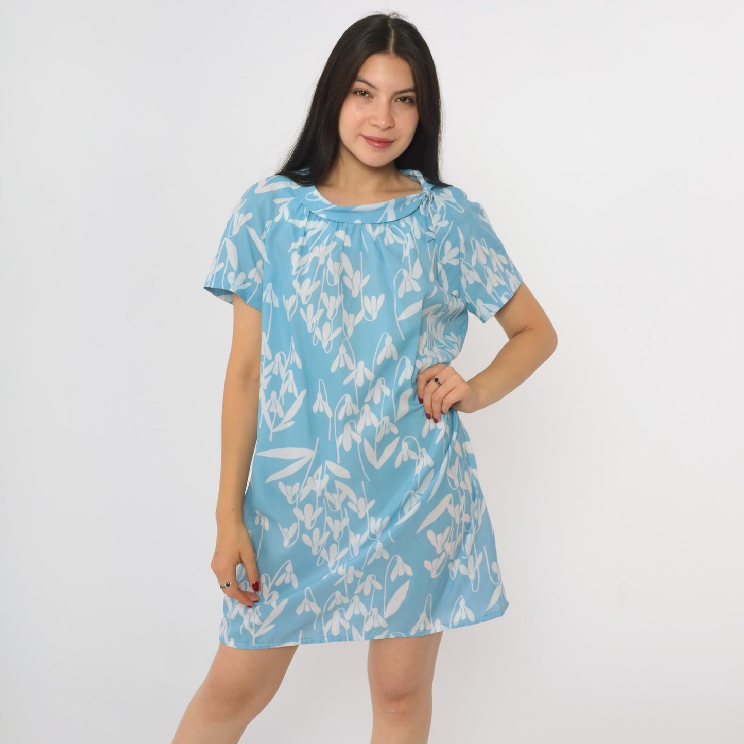 60s Blue Floral Shift Mini Dress Tie Collar Short Sleeve Medium M
